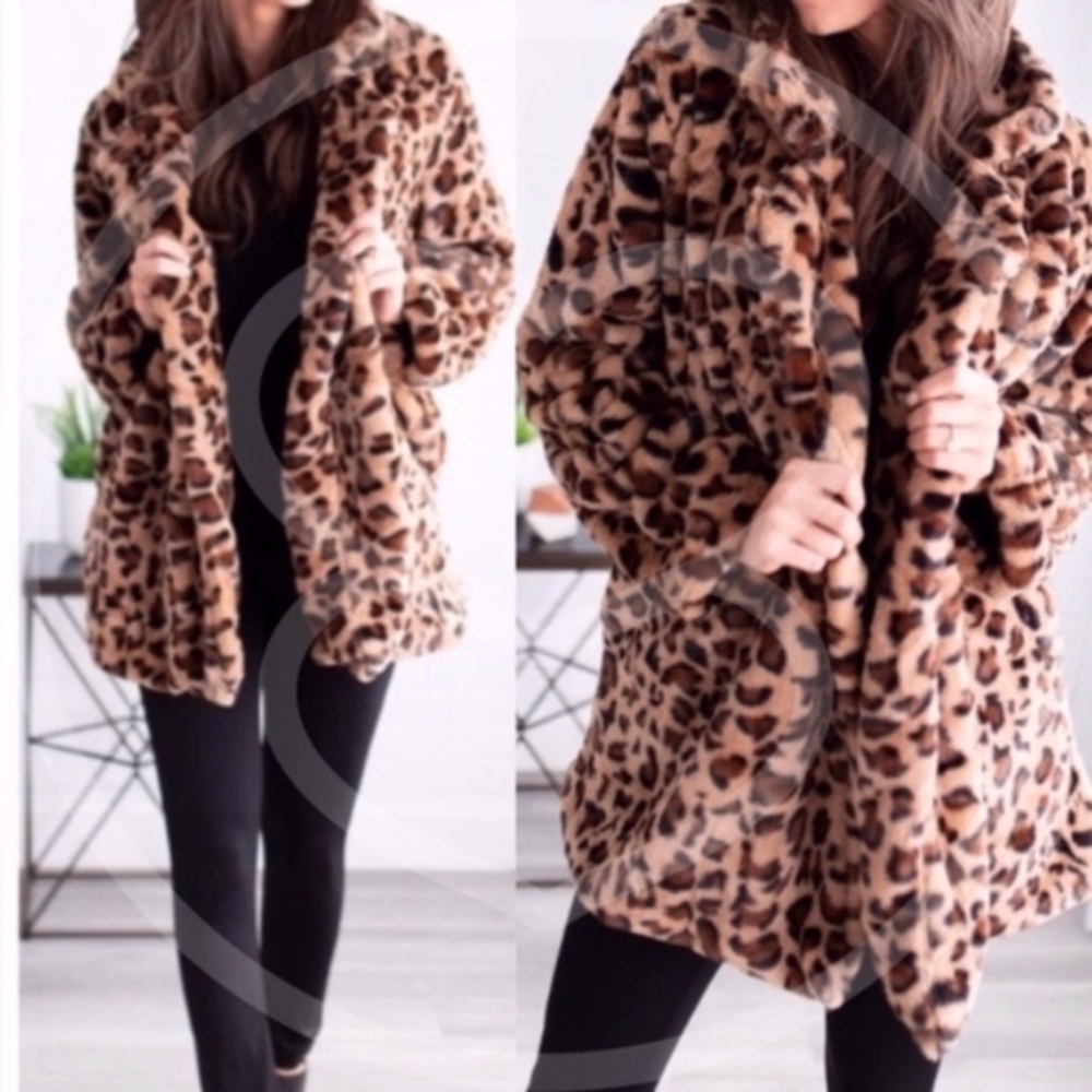 Camel BrownLeopard Print Faux Fur Teddy Coat - Picture 6 of 7